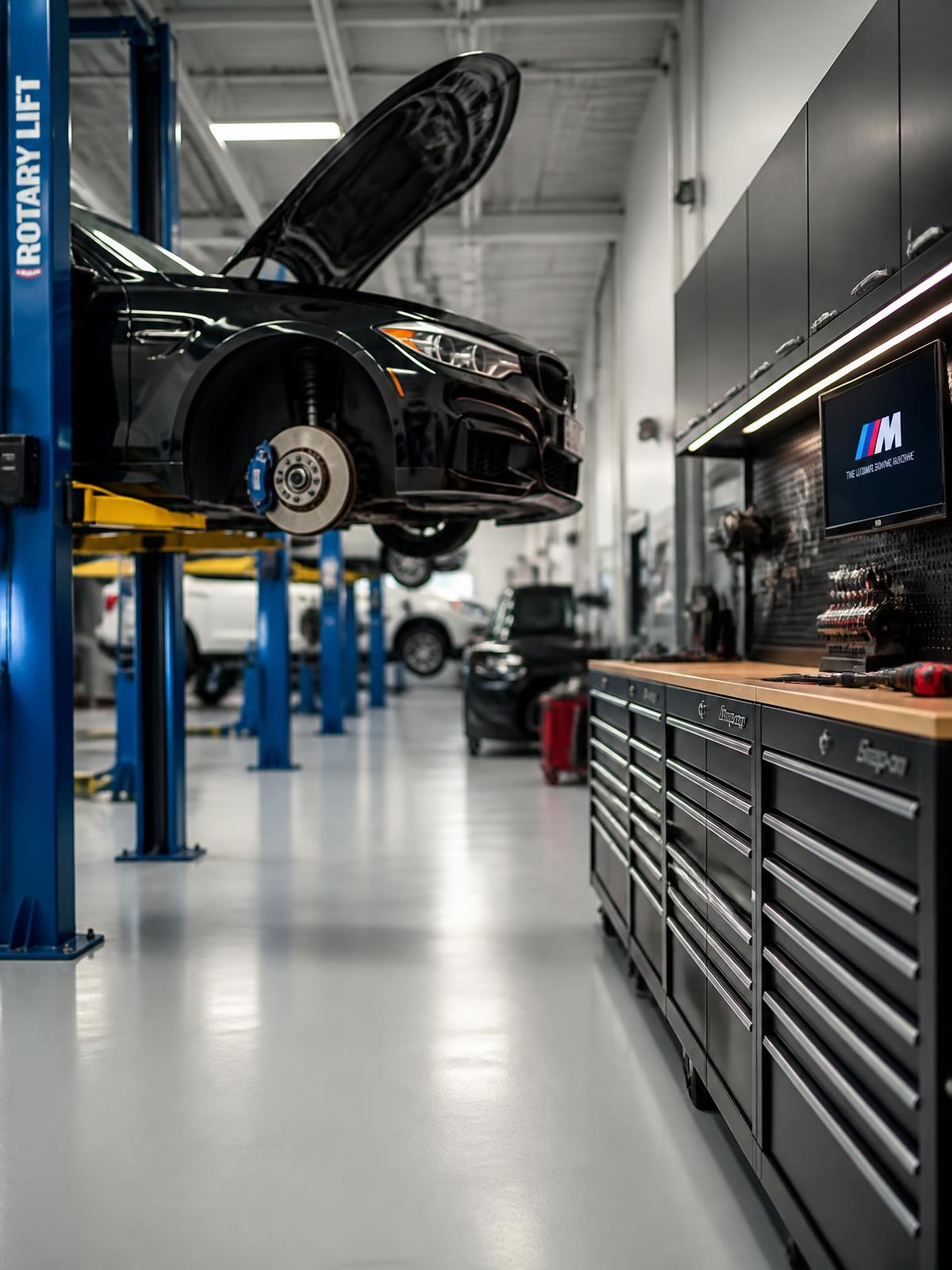 Clean, professional auto repair bay with lifts and organized tool chests